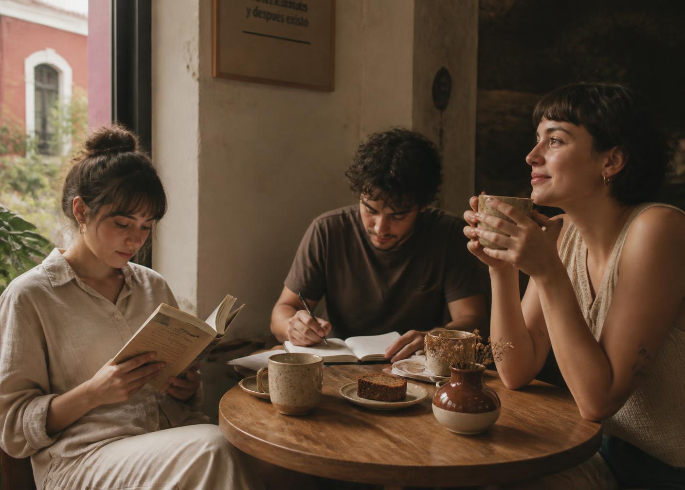 Tres personas leyendo, escribiendo y tomando café con luz natural en un café de la Ciudad de México